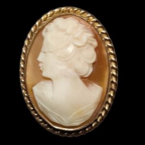 Antique RARE left facing 14k GF carved shell cameo brooch